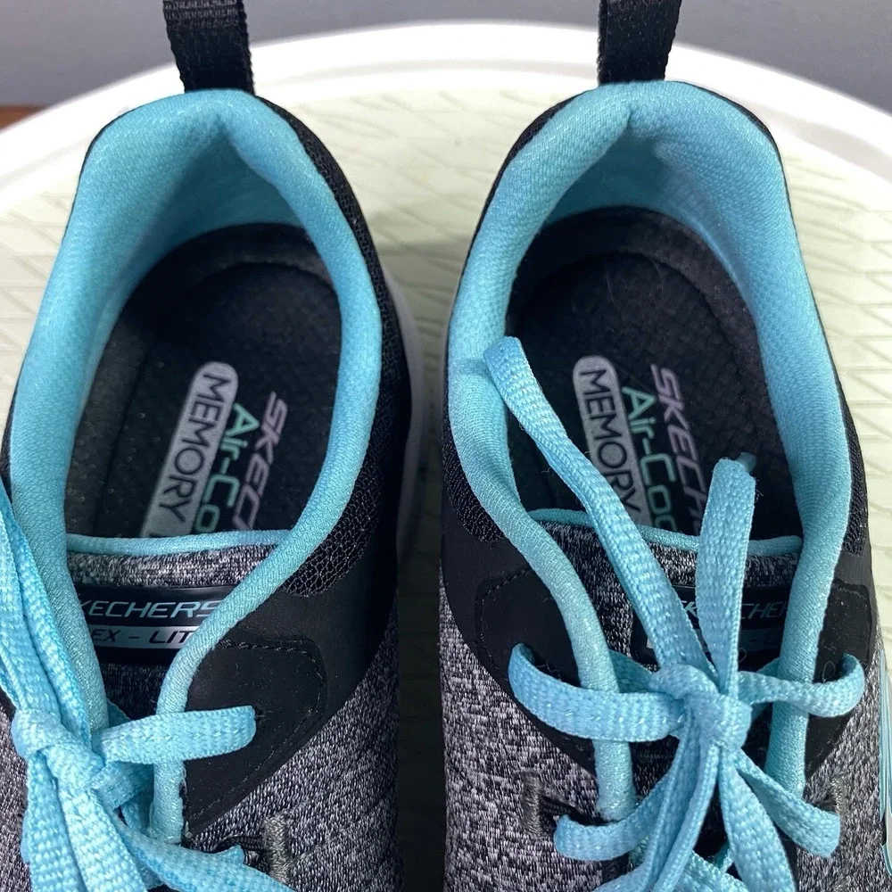 Skechers Flex‎ Lite Womens Gray/Black/Blue Shoes Memory Foam Sneakers Sz.9